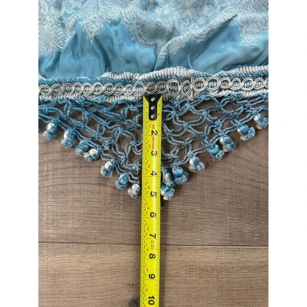 Vintage Blue Silk Cotton Blend Damask Bedspread Macrame Fringe Tassel Coverlet - Picture 10 of 10